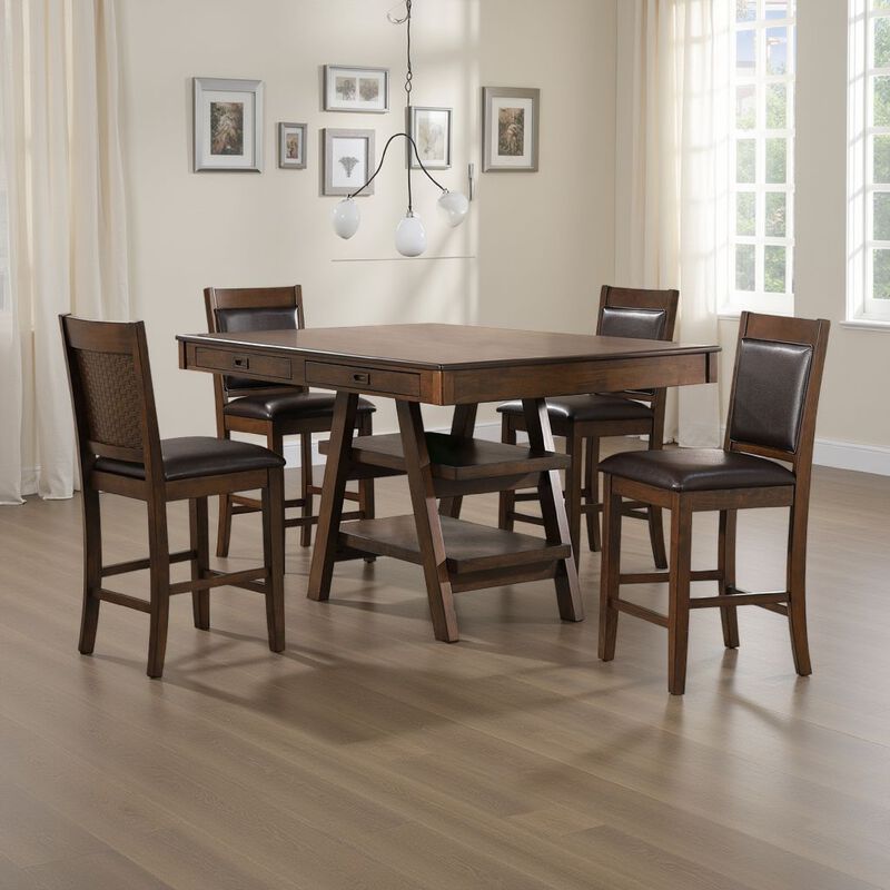 Wey 5pc Counter Height Dining Table and 4 Chairs Set, Brown, 2 Shelves - Benzara