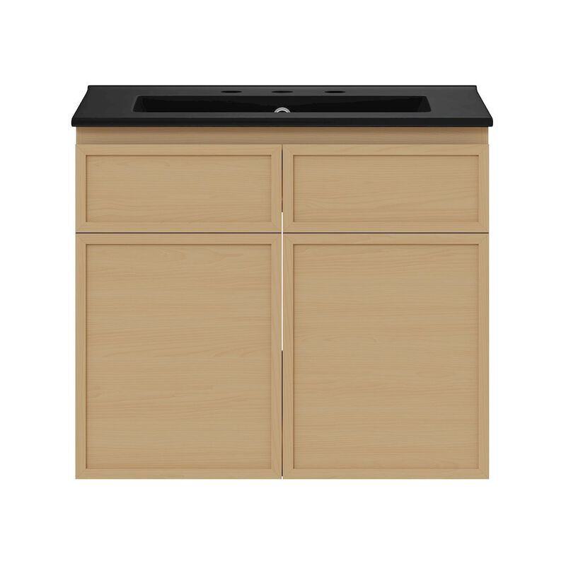 24" Wall-Mounted Bathroom Vanity in Natural Oak, Black 3-Hole Centerset Sink Top image number 0