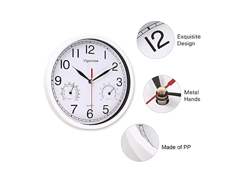 White Sweep Accurate Temperature Humidity Wall Clock 8 Inch Silent image number 2