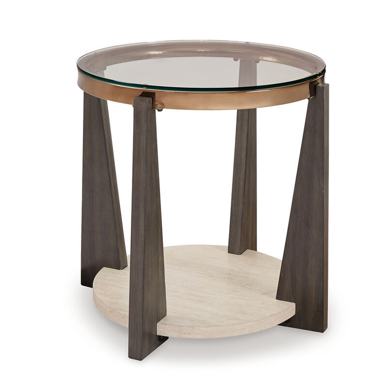 Miu Side End Table, 24 Inch Round Glass Top w Shelf, Brown Angled Base