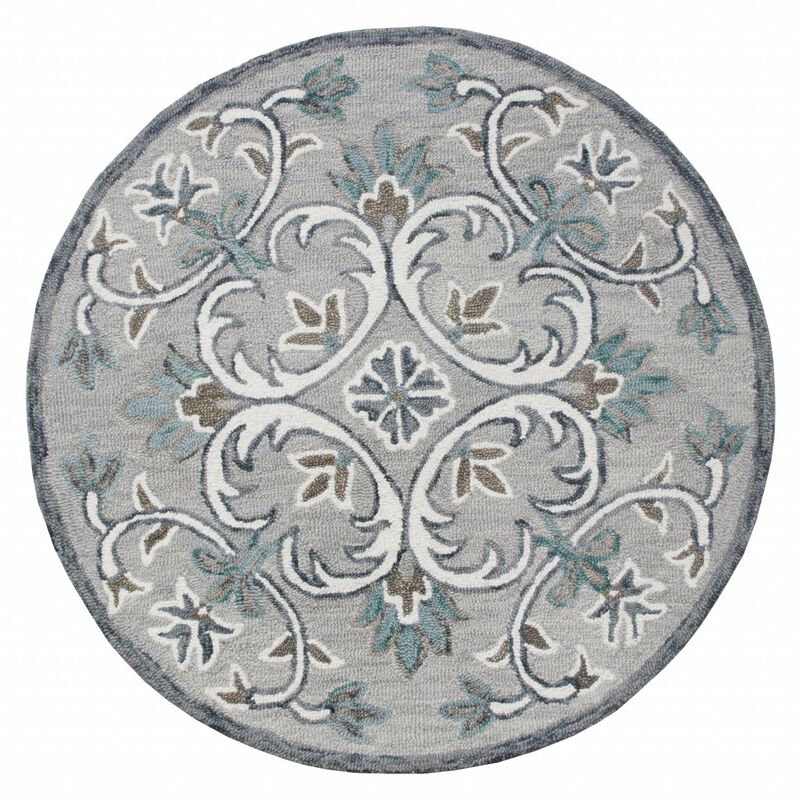 6 Round Gray and White Filigree Area Rug