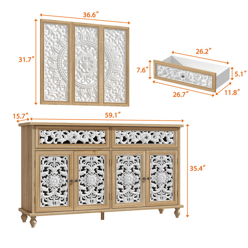 FUFU&GAGA Vintage Style Storage Cabinet with White Hollowed-Out Carved Drawers and Doors, Matching Wall Panel Frame, Painted and Clear Finish with Antique Hardware, (59.1 in. W x 15.7 in. D x 35.4 in. H), Wood and White