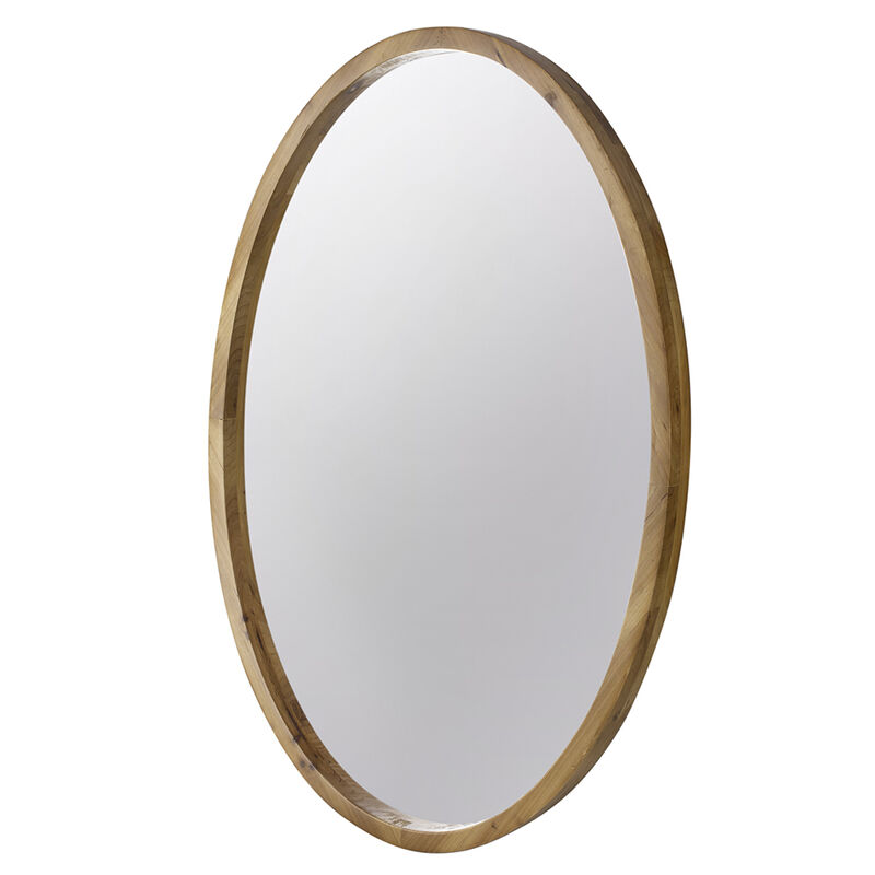 33 Inch Modern Accent Wall Mirror, Mountable Oval Wood Frame in Brown - Benzara