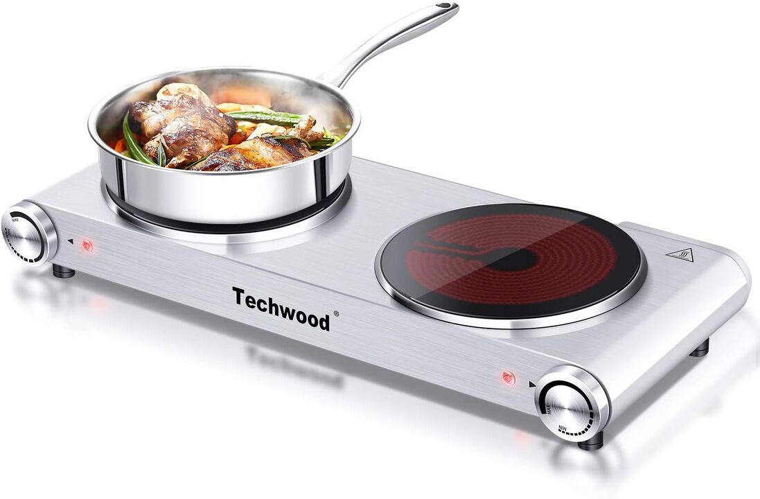 Techwood 1800W Electric Hot Plate Cooktop for Cooking, Infrared Ceramic Countertop Stove Top 2 Burners, Stainless Steel Portable Burner
