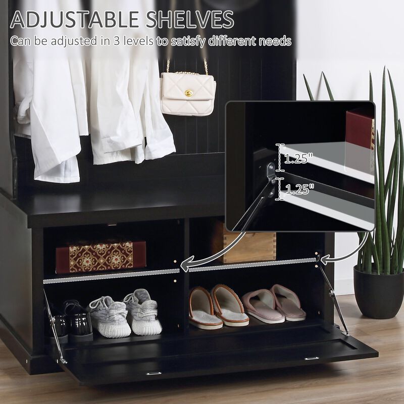 Modern Hall Tree, Coat Rack with Shoe Storage Bench with 4 Double Hooks and 2 Shelves for Hallway, Living Room, Black