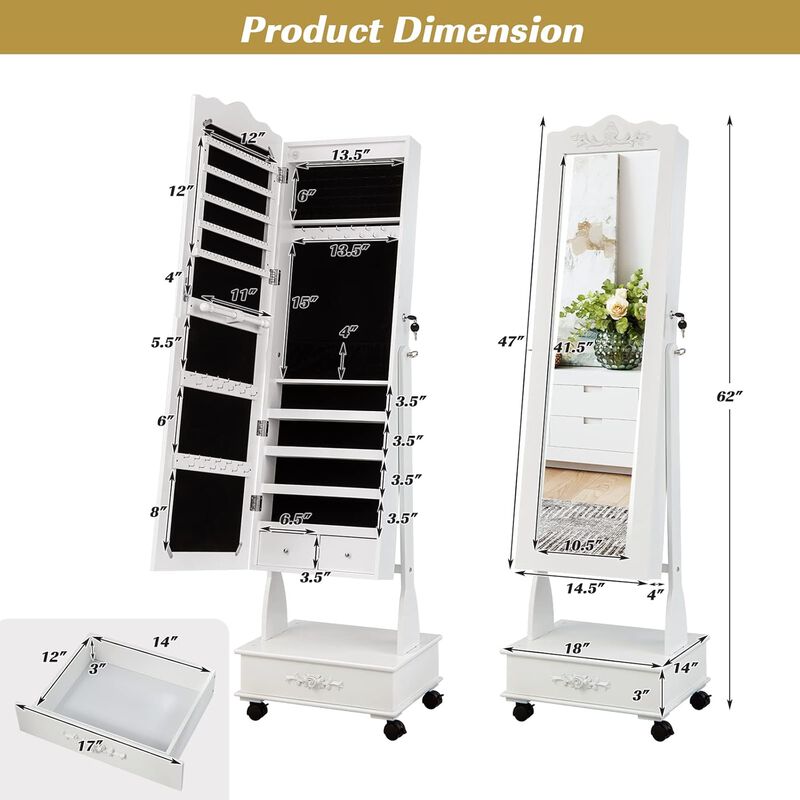 Rolling Lockable Jewelry Cabinet with Full-Length Mirror, LED Lights, Adjustable Angle and Bottom Drawer image number 3