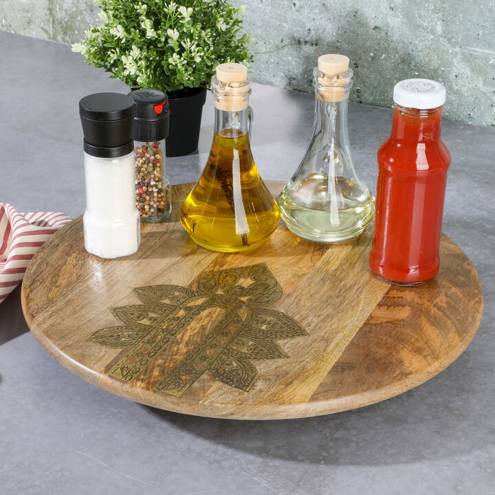 Cravings By Chrissy Teigen 16 Inch Round Mango Wood Lazy Susan with Metal Inlay