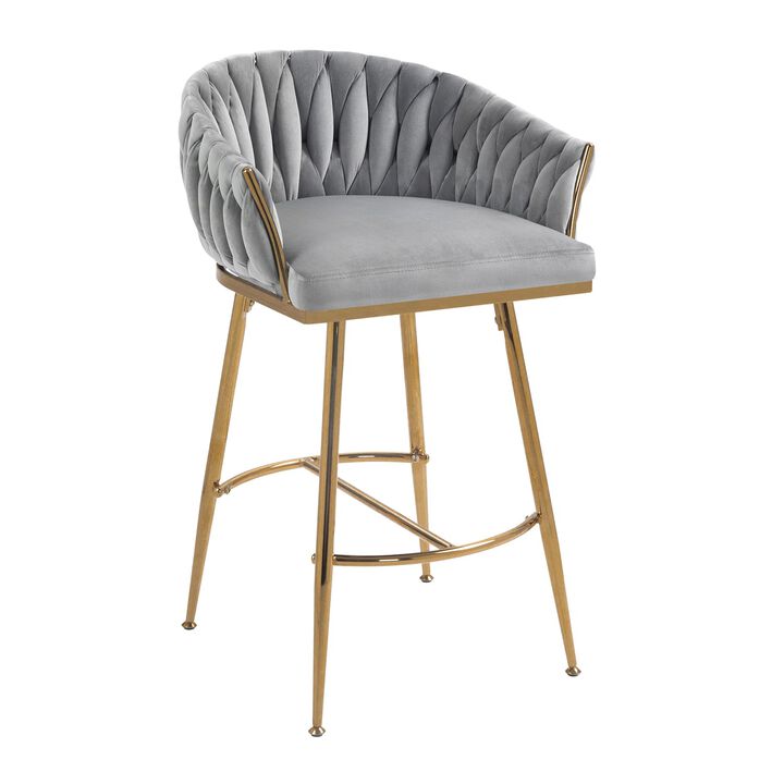 26 Inch Velvet Counter Height Bar Stool with Hand Wave Back and Golden Base for Kitchen Island
