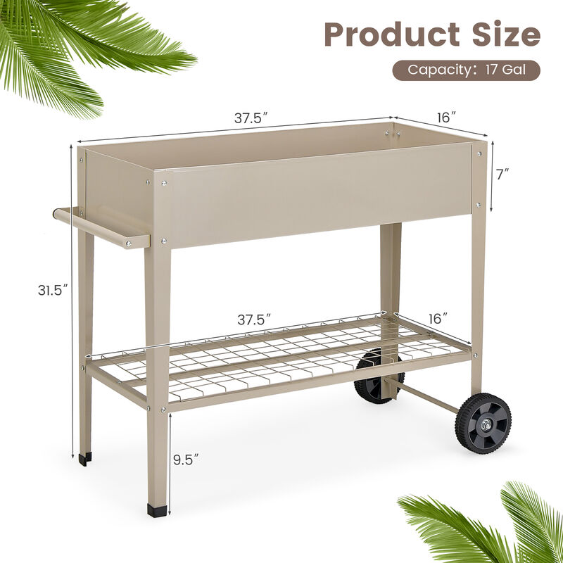 Metal Raised Garden Bed with Storage Shelf Hanging Hooks and Wheels-Light Brown