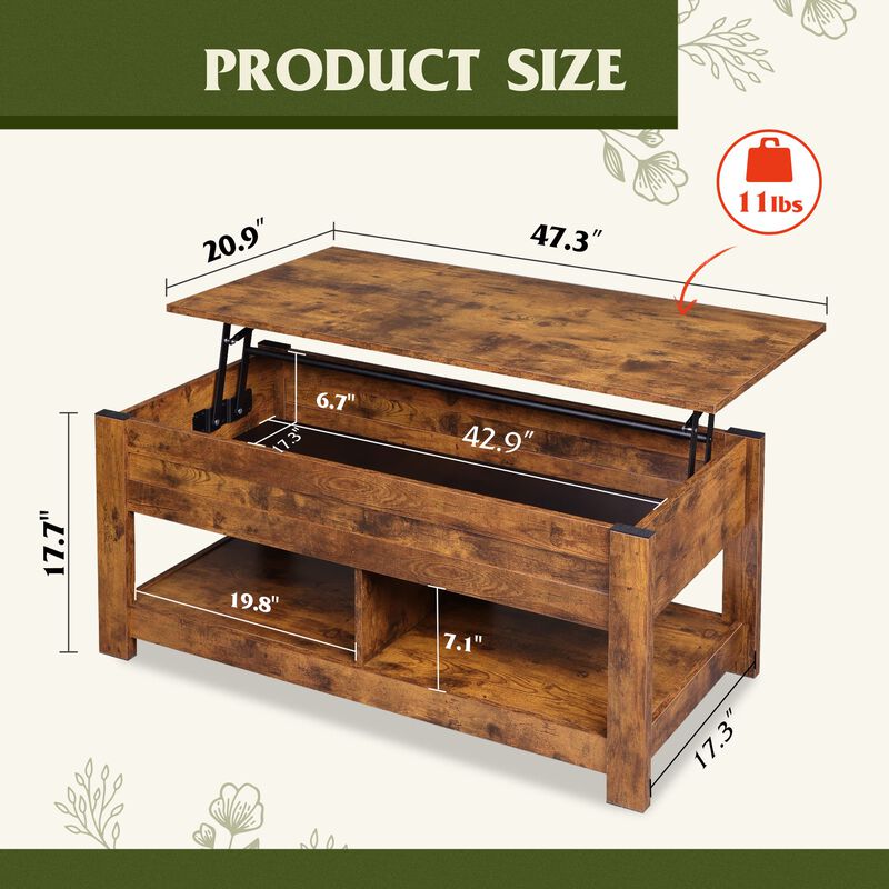 WLIVE Coffee Table, 47"" Lift Top Coffee Table with Hidden Compartment and 2 Storage Shelves for Living Room, Rustic Brown