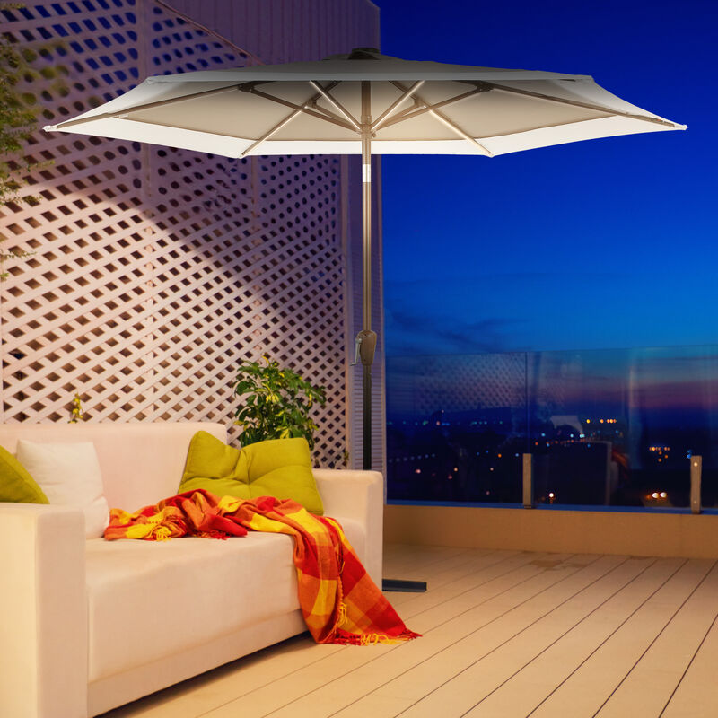 Spencer Classic Coastal 2-Tone Solar LED Market Patio Umbrella with 12 LED Strip Lights, Auto-Tilt, Crank and UV Protection