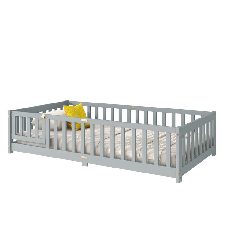 Whisen Twin-Size Floor Bed with Safety Enclosure and Door, Rubber Wood Frame with Guardrail Fence