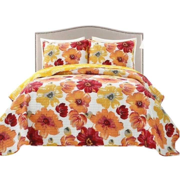Hivvago King size Orange Red Flowers Lightweight Polyester Microfiber Quilt Set