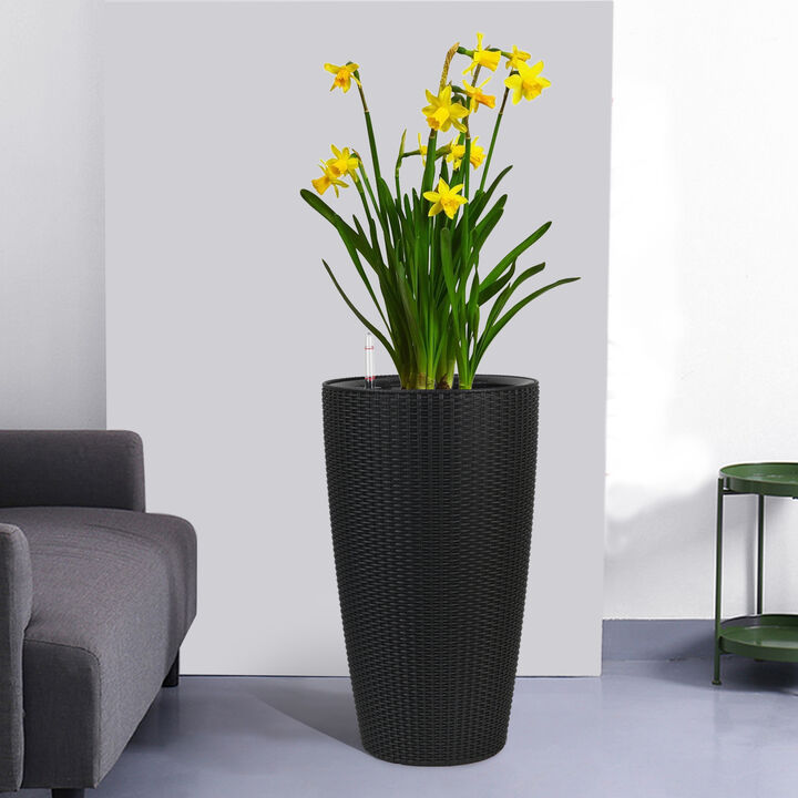 WOW PIONEER Set of 2 Large Faux Rattan Tall Planters for Indoor Outdoor Use with Automatic Watering System Water Level Monitor Inner Bucket for Garden Patio Porch Backyard