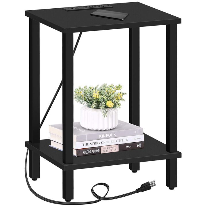 TUTOTAK End Table with Charging Station, Side Table with USB Ports and Outlets, Nightstand, 2-Tier Storage Shelf, Sofa Table for