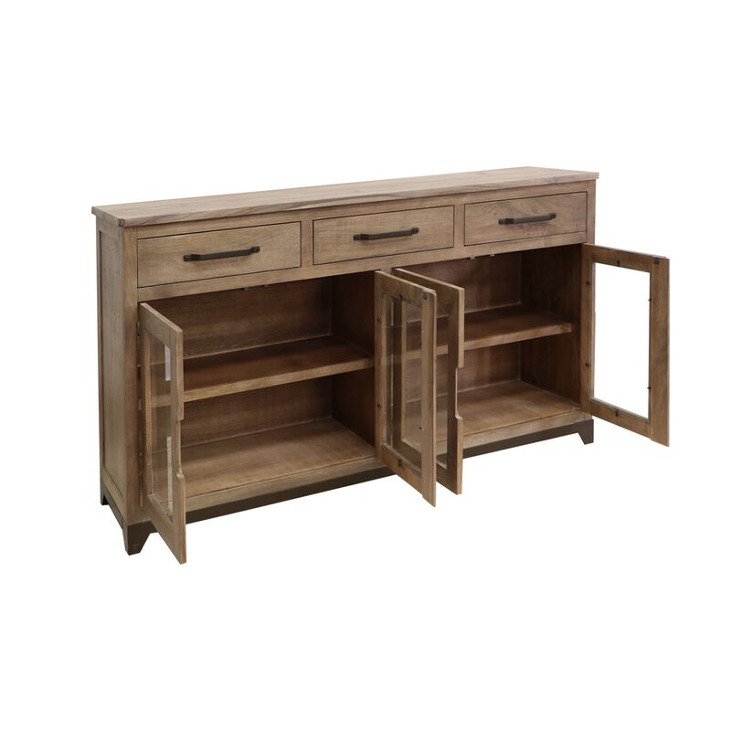 Umey 70 Inch Sideboard Console, Mango Wood, 3 Drawers, 4 Glass Doors, Brown