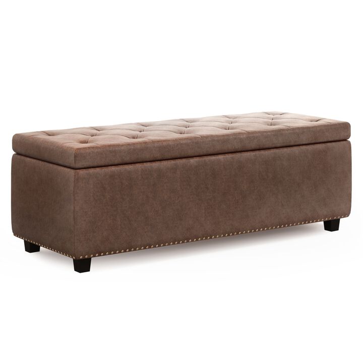 Hamilton 48 inch Wide Transitional Rectangle Storage Ottoman in Distressed Umber Brown Faux Leather
