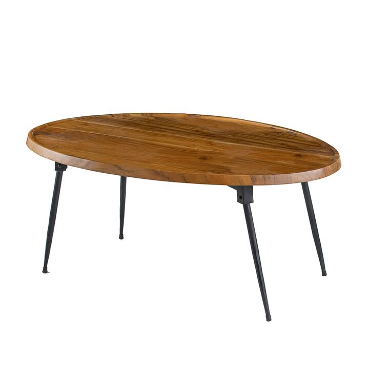Benjara Aji 39 Inch Coffee Table, Oval Grain Acacia Wood Top, Metal Legs, Brown and Black