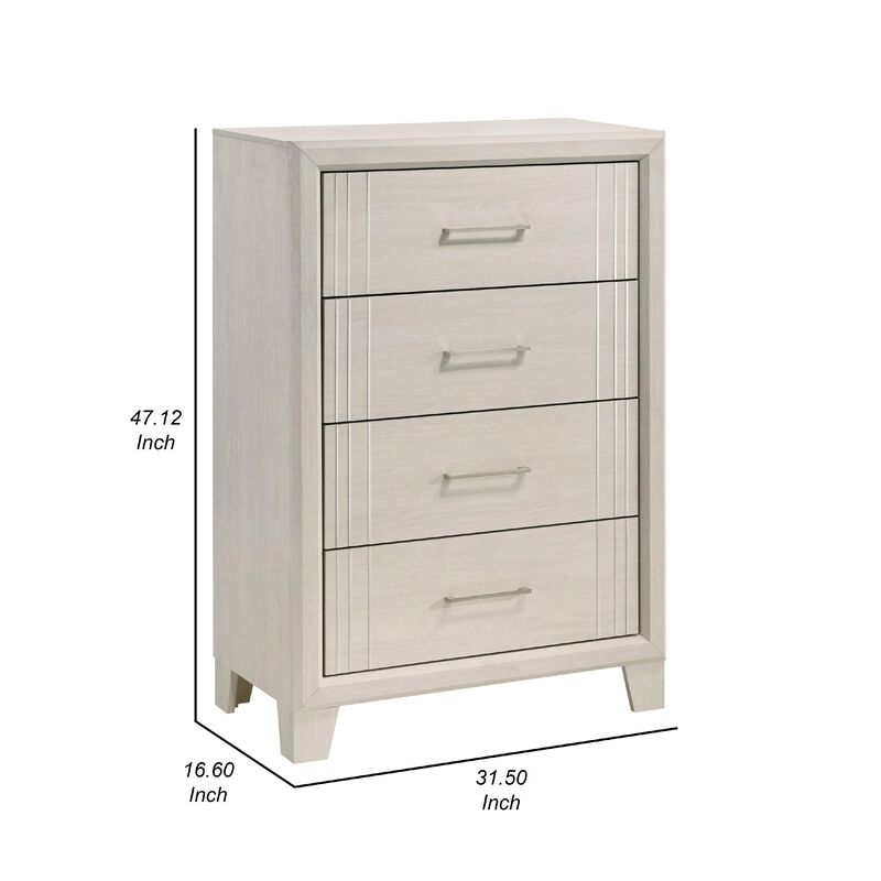 Charie Tall Dresser Chest with 4 Drawers, Tapered Feet, White Wood