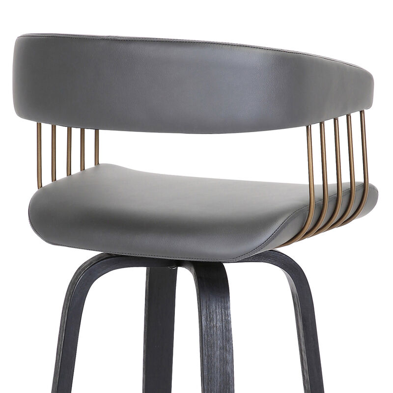 Topanga  Swivel Black Wood Counter Stool in Grey Faux Leather with Golden Bronze Metal