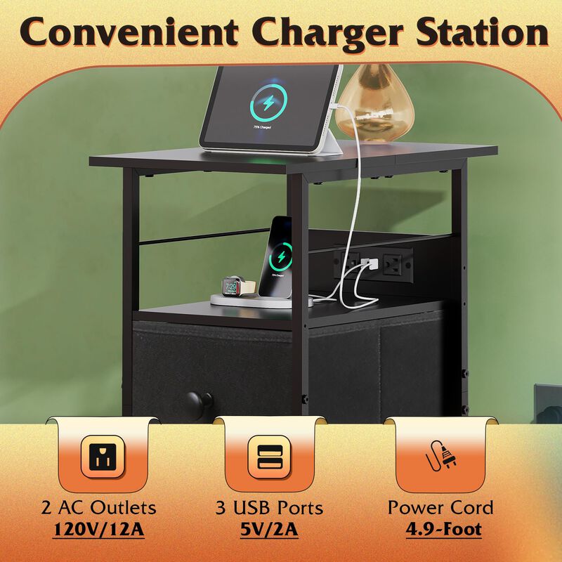 WLIVE Narrow Side Table with Charging Station, End Table with LED Light, 2 Fabric Drawers and Open Shelf, Black Bedside Tables L