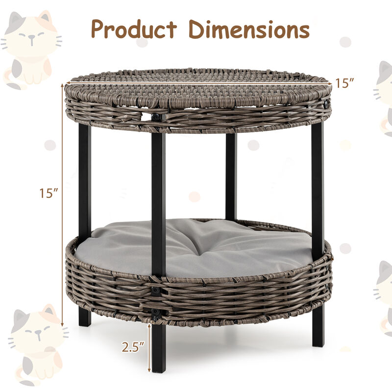 Rattan 2-Tier Cat Nest with Removable Padded Cushion for Home-Grey image number 2
