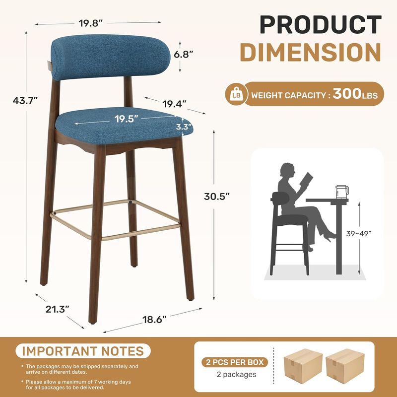 Modern Metal Counter Height Bar Stools | Steady Rubber Wood Legs & Ergonomic Backrest, Non-Swivel Kitchen Island Chairs for Dining Room, Home Bar, Outdoor image number 2