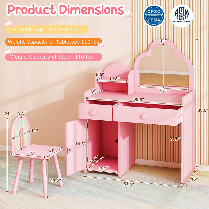Adorable Kids Vanity Table Set with Cloud Mirror and Storage Compartment