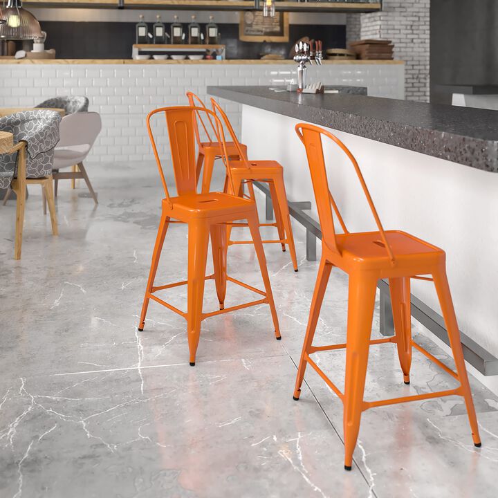 Flash Furniture Commercial Grade 24" High Orange Metal Indoor-Outdoor Counter Height Stool with Removable Back