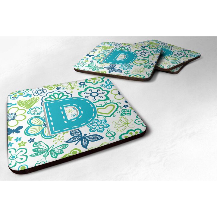 Caroline's Treasures CJ2006-DFC Letter D Flowers and Butterflies Teal Blue Foam Coasters (Set of 4), 3.5, Multicolor