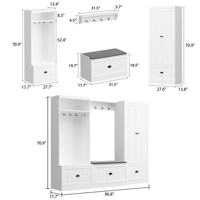 FUFU&GAGA White Storage Combo, Shoe Bench with Soft Seat, Hidden Wardrobe & Open Coat Rack - Textured Finish, Black Handles (86.8 in. W x 17.7 in. D x 70.9 in. H) image number 9