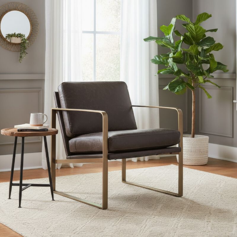 Bary Accent Chair, Dark Brown Top Grain Leather Cushions, Gold Metal image number 6