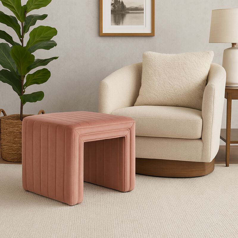 Ada Footstool Ottoman with Channel Tufted Blush Pink Velvet, 19 Inch image number 1