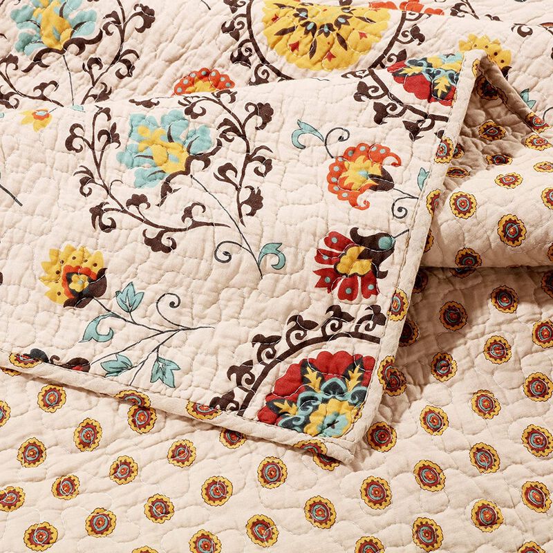 Elbe 5 Piece Queen Quilt Set with Medallion and Floral Pattern, Beige and Brown - Benzara