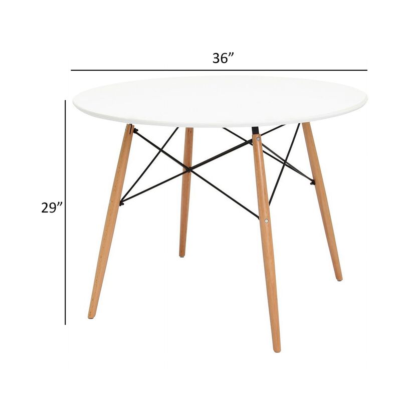 Riha 36 Inch Dining Accent Table, Round Top, Beech Wood, White and Brown - Benzara