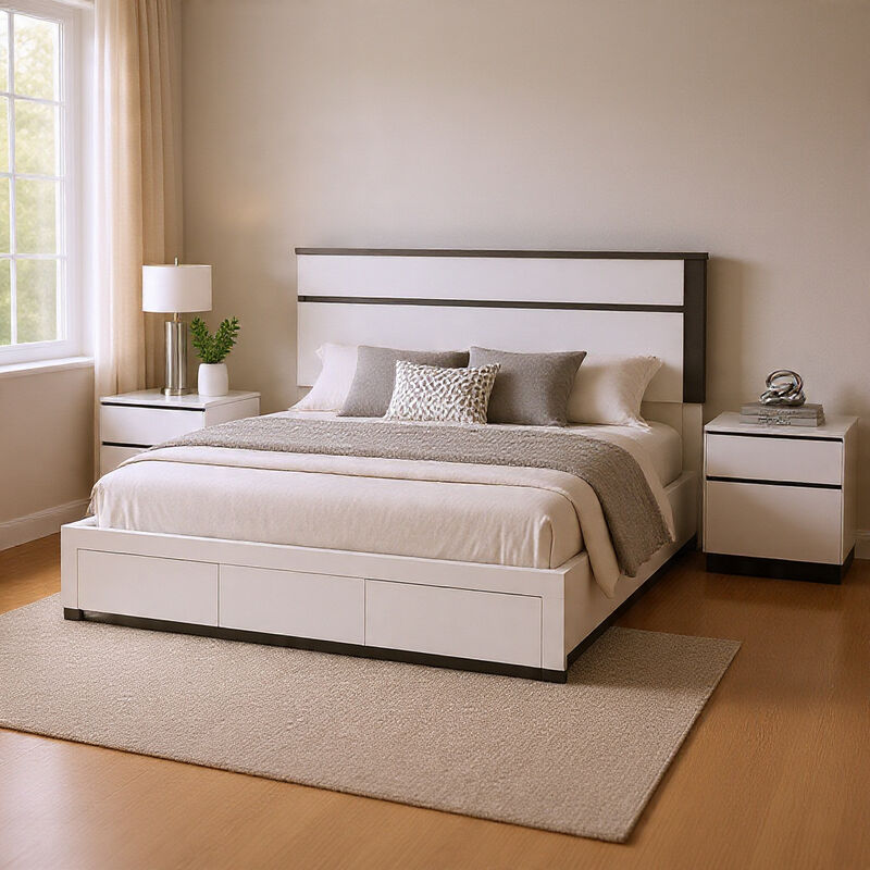 Queen Bedroom Set, White, Metallic Gray Wood, 3 Piece Set with 2 Nightstands image number 8