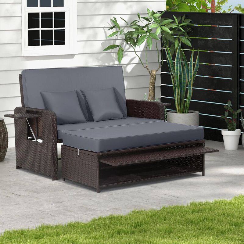 Mondawe Patio Rattan Daybed with 4-Level Adjustable Backrest and Retractable Side Tray