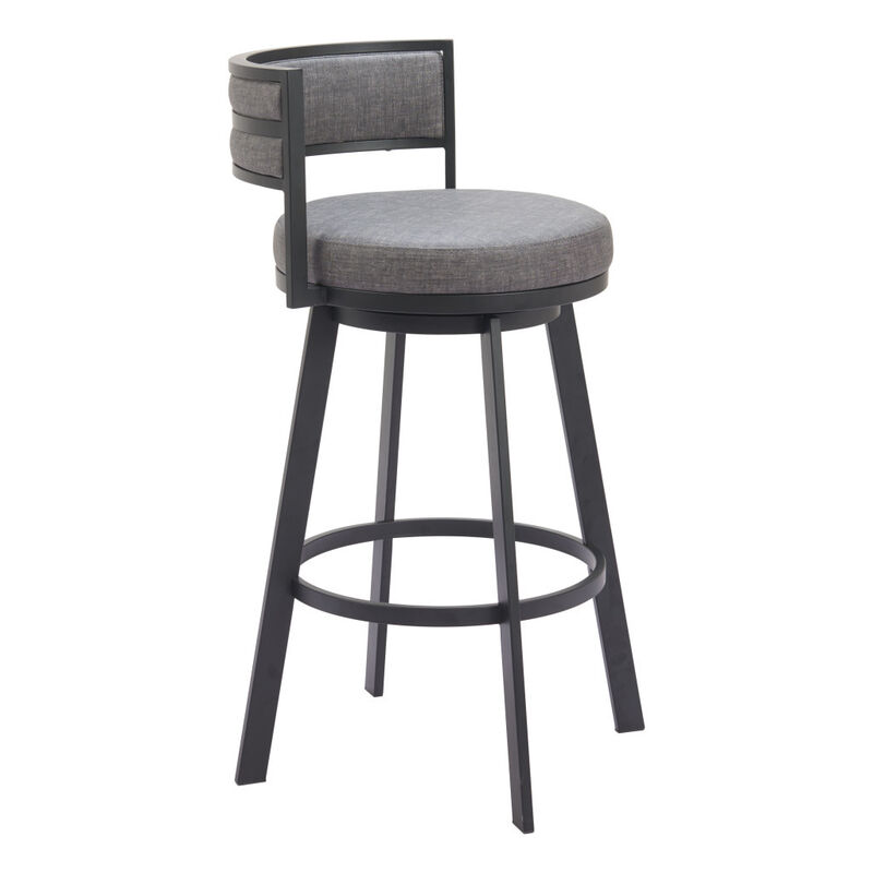 HomeRoots 31" Gray and Black Fabric and Steel Low Back Bar Height Swivel Bar Chair