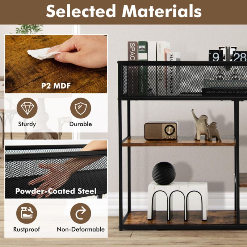 Hivvago 4-Tier Industrial Console Table with Wire Basket and shelf