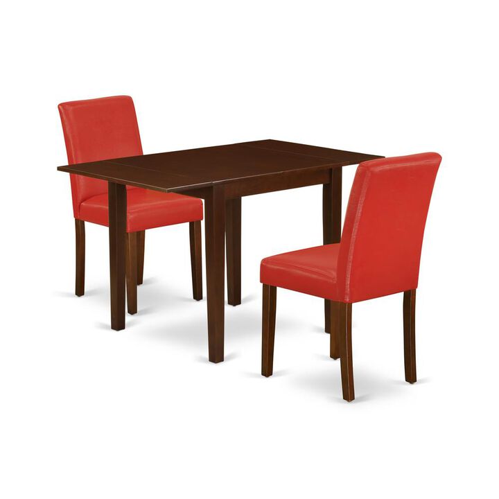 1NDAB3-MAH-72 Modern Dining Table Set 3 Pc - 2 Dining Room Chairs and a Dinner Table - Mahogany Finish Solid wood - Firebrick Red Pu Leather