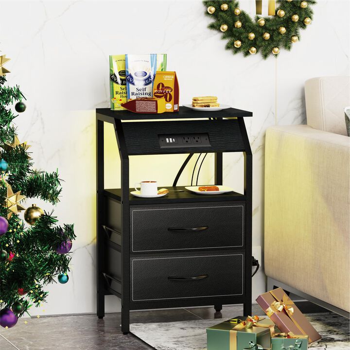 SZLHANJZ End Table with Light, LED Nightstand with 2 Drawers and Type C Charging Station, Small Fabric Dresser for Bedside, Stor