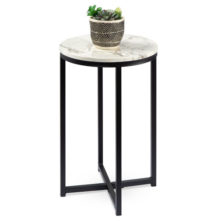 Hivvago Round Cross Leg Design Coffee Side Table Nightstand with Faux Marble Top White/Matte Black