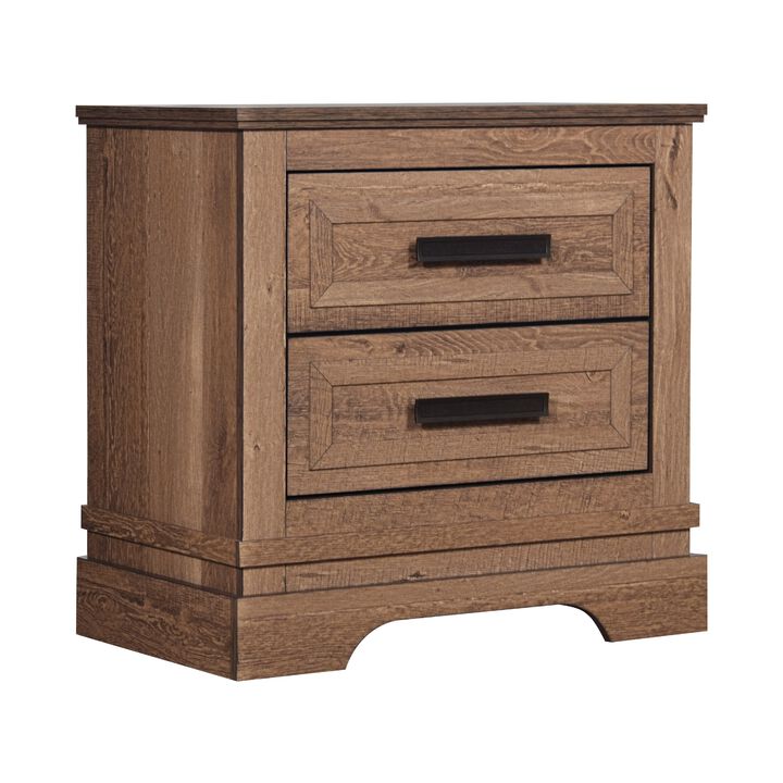Covy Nightstand, 2 Drawers w Bar Handles, Bracket Feet, Natural Brown
