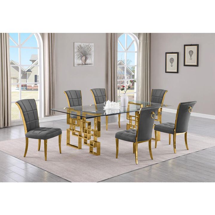 7-piece glam dining set with 6 dark grey chairs and a 95"  long glass  table