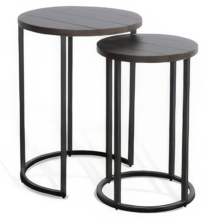 Flint 2 Piece Nesting Table Set, Dark Brown Mahogany, Black Metal Base