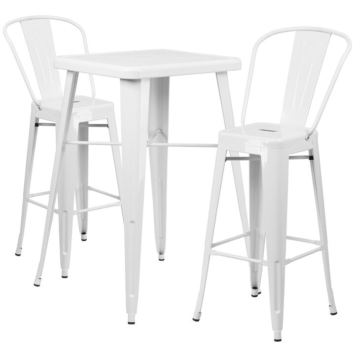 Flash Furniture Commercial Grade 23.75" Square White Metal Indoor-Outdoor Bar Table Set with 2 Stools with Backs