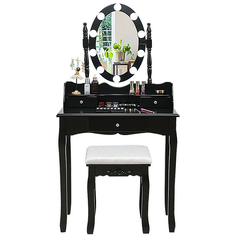 Vanity Set with Oval LED Mirror, 10 Dimmable Bulbs & 3 Drawers