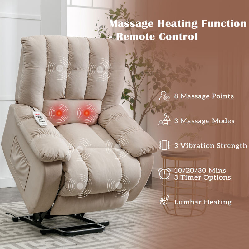 Massage Recliner Chair Electric Power Lift Recliner Chairs with Heat, Vibration, Side Pocket for Living Room Bedroom, Beige
