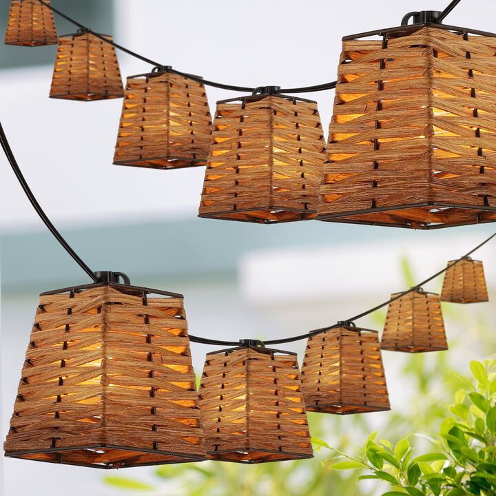 Quinn 10-Light Indoor/Outdoor 10 ft. Classic Vintage Incandescent G40 Square Bamboo Shaded String Lights, Brown