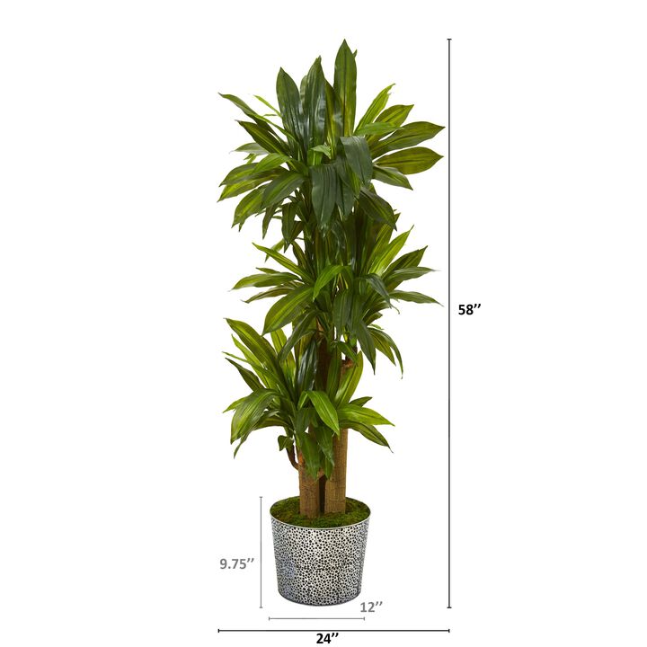 HomPlanti 58" Corn Stalk Dracaena Artificial Plant in Black Embossed Tin Planter (Real Touch)